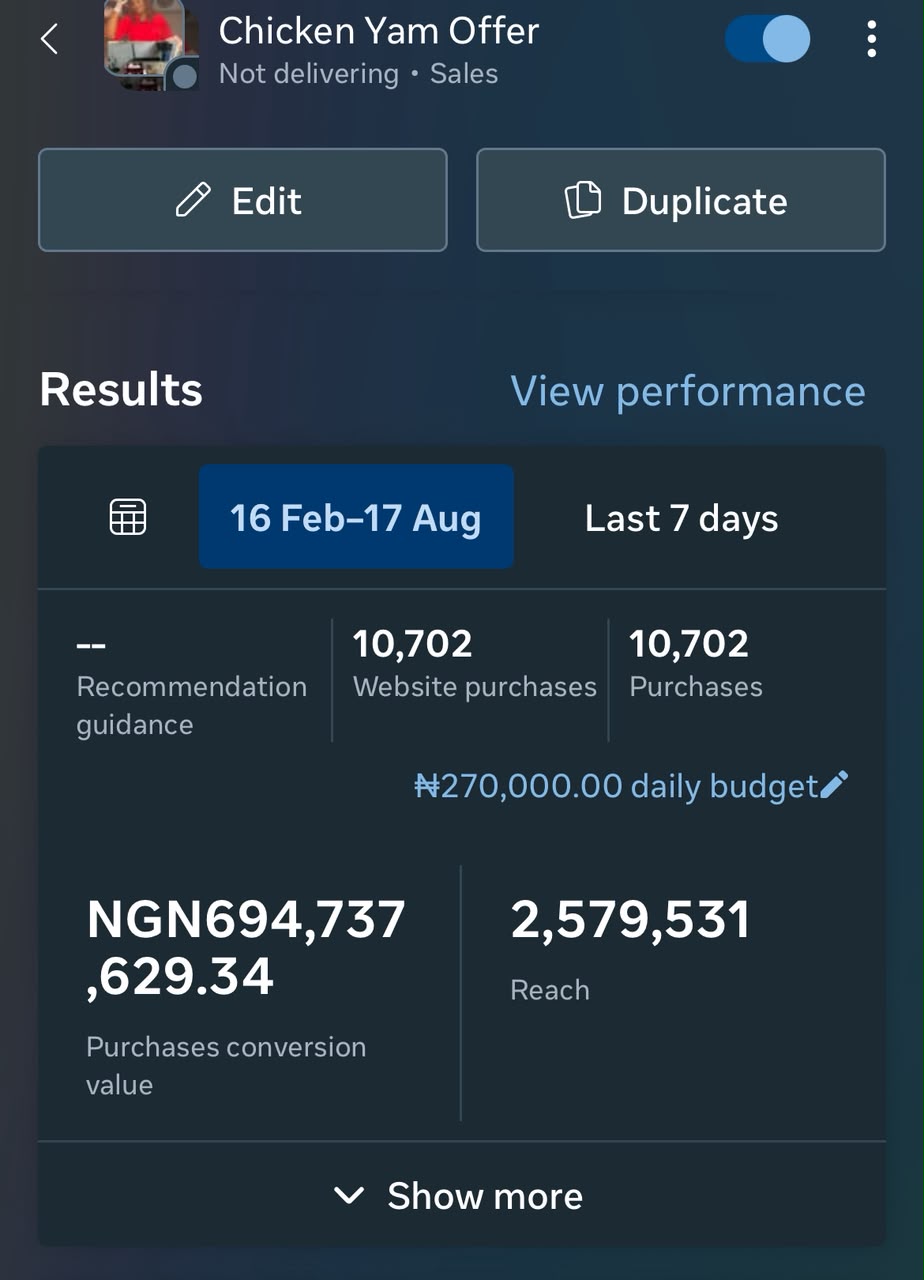 Campaign view of the Chicken Yam Offer showing 10,702 purchases and NGN694,737,629.34 conversion value